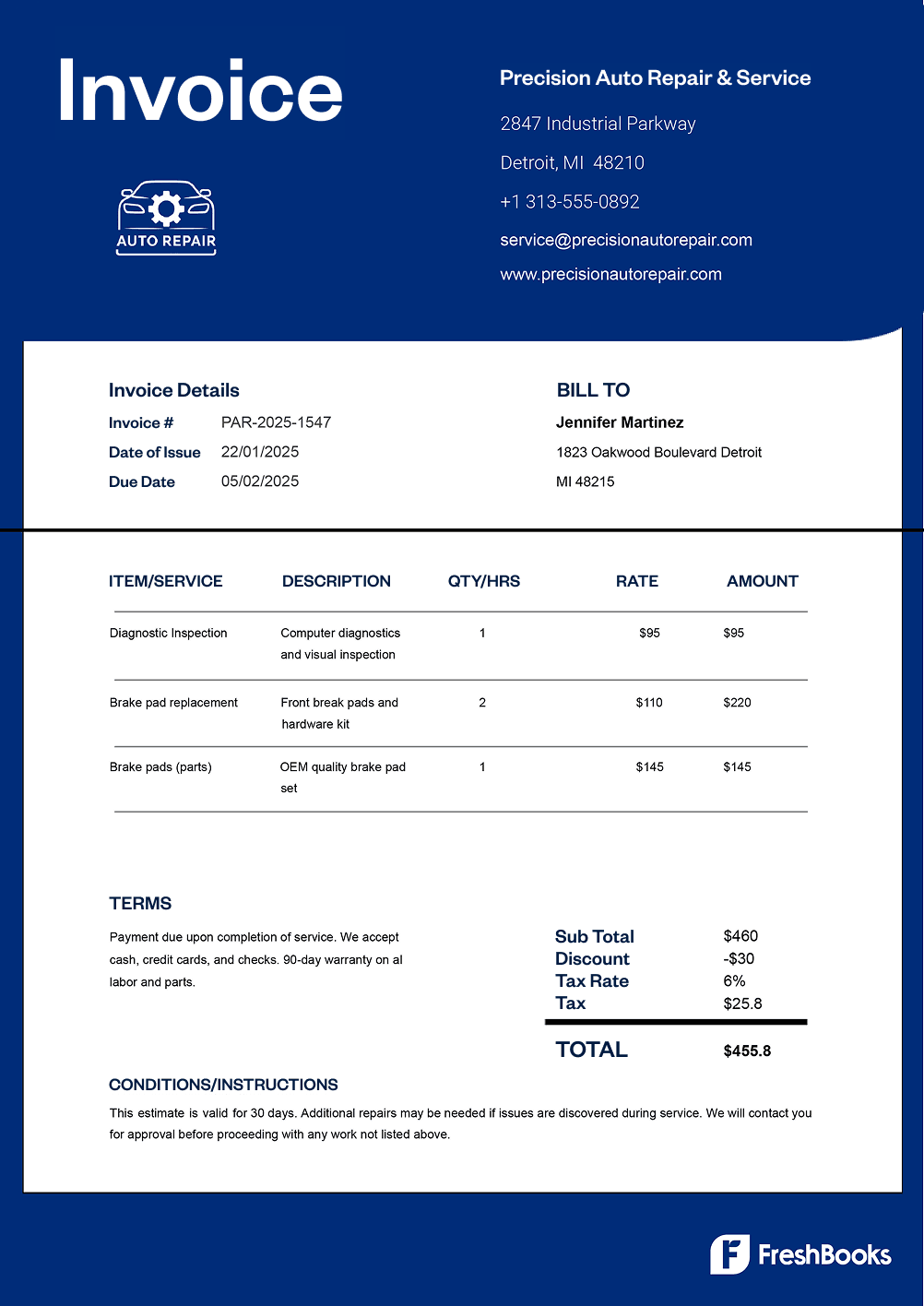 Auto repair invoice template with placeholders from FreshBooks