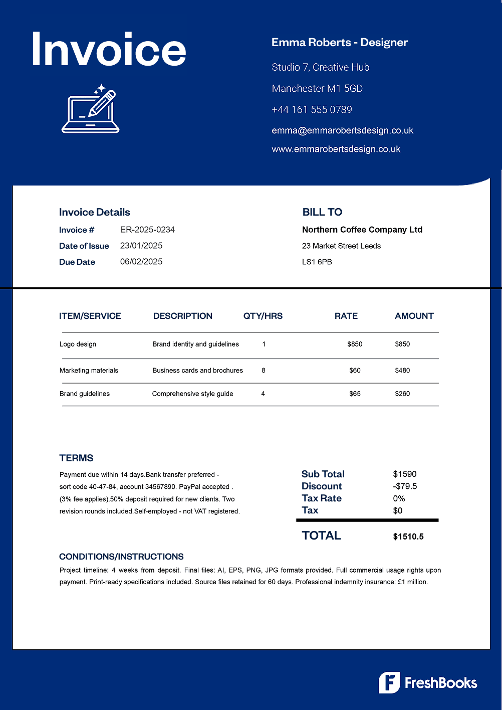 Freelance invoice template with placeholders for freelancers from FreshBooks