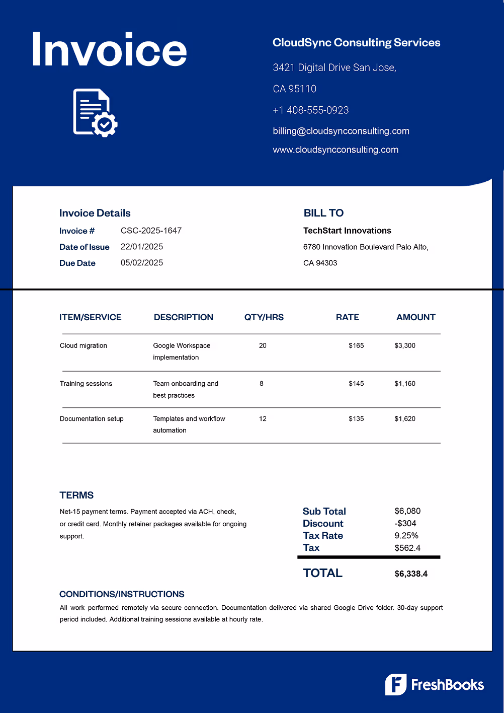 Free Google docs invoice template with placeholders from FreshBooks