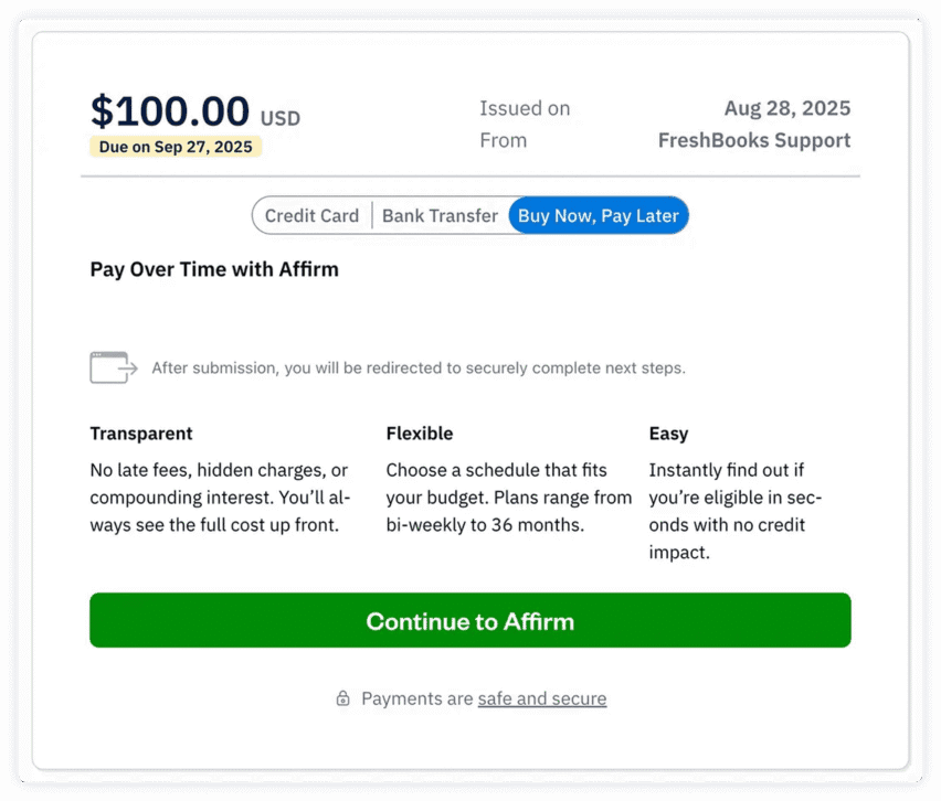 FreshBooks UI screen - Buy Now, Pay Later