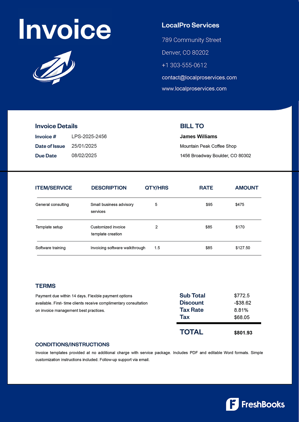 Free PDF invoice template with placeholders from FreshBooks