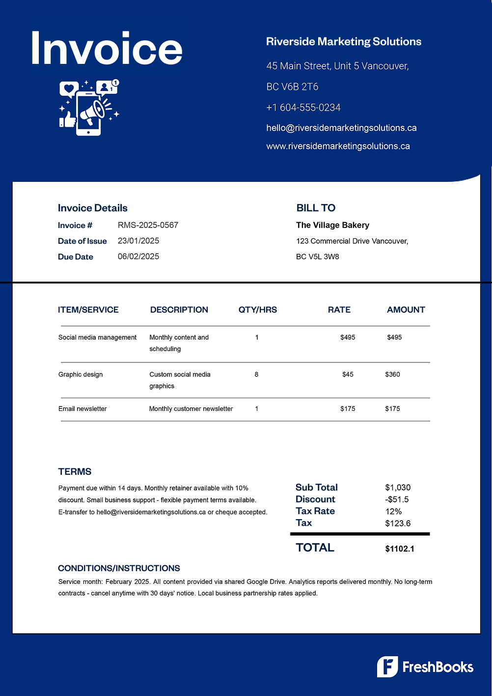 Free small business invoice template with placeholders from FreshBooks