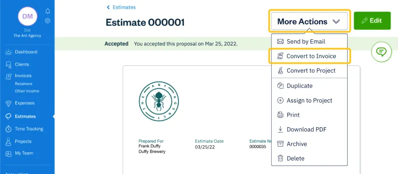 project management and billing software Estimate screenshot