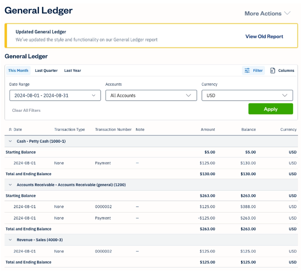 FreshBooks UI screen for general ledger