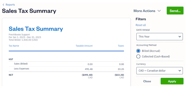 FreshBooks UI screen for the sales tax summary report