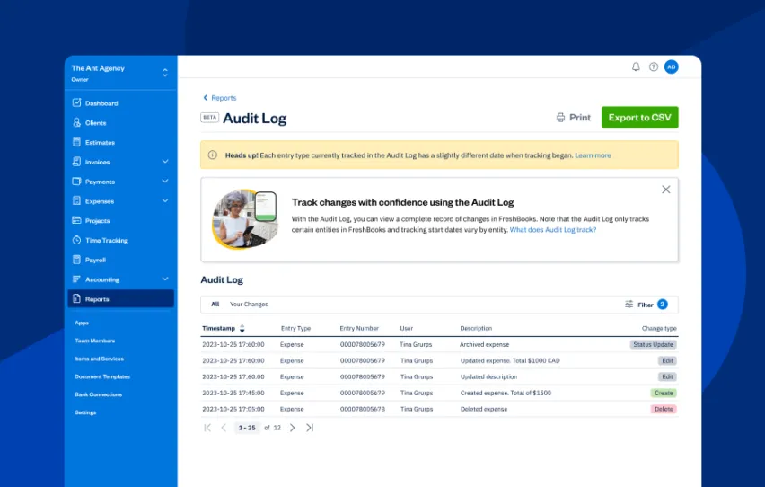 FreshBooks UI screen for audit log 