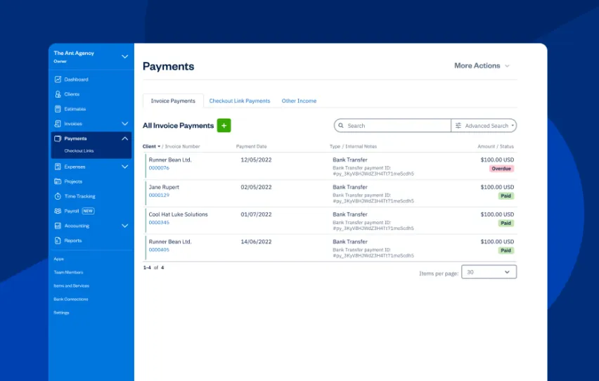 FreshBooks UI screen for payments