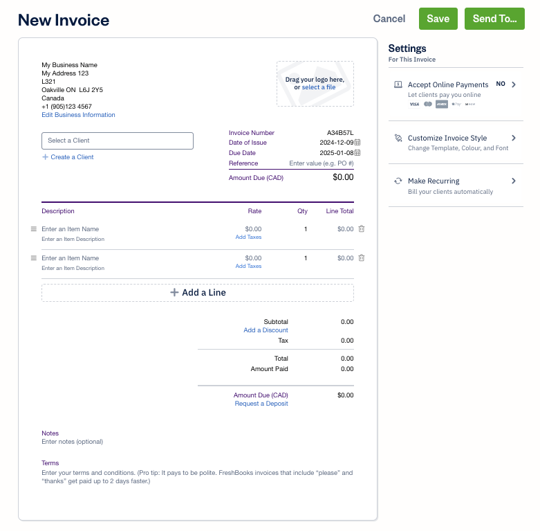 Create a new invoice with a template