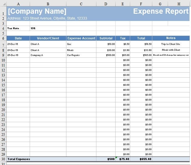 google sheet expense report template